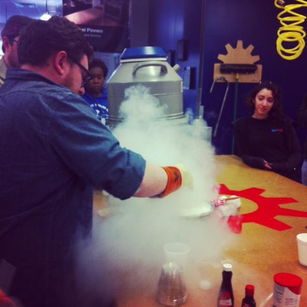 TechShop staff testing out the liquid nitrogen ice cream recipe